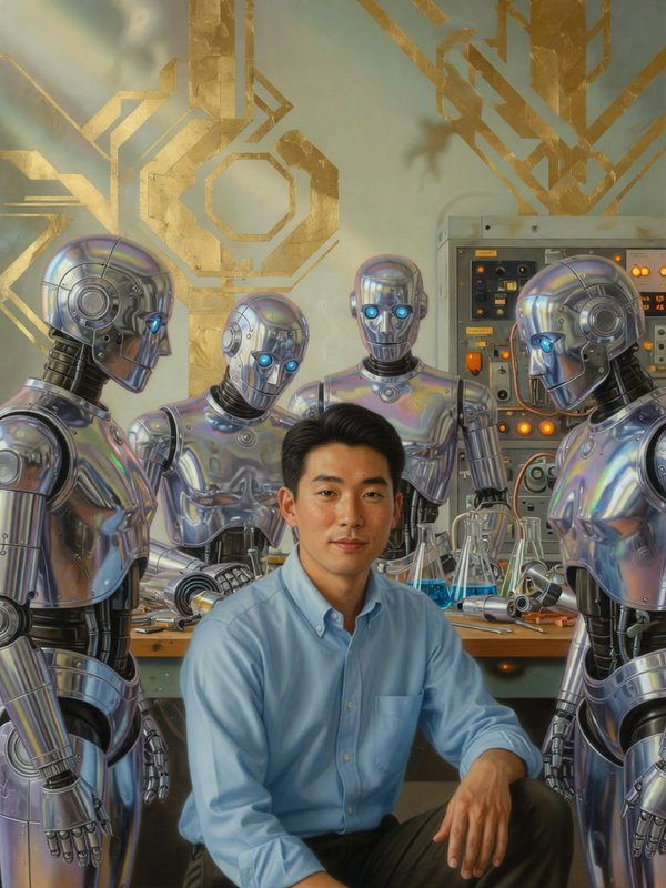 East Asian researcher seated surrounded by glowing-eyed chrome humanoid robots in a futuristic lab