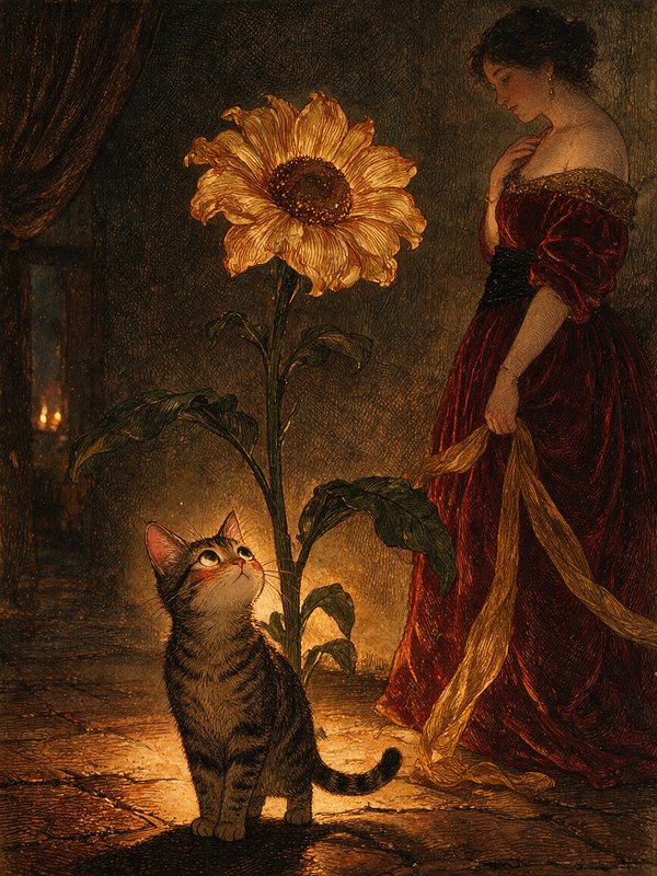 Wide-eyed tabby cat gazes up at a giant sunflower beside a woman in a vintage red velvet gown