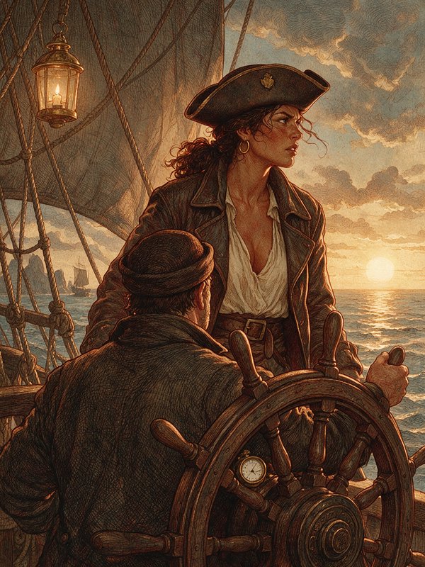 Female pirate captain stands beside a crewman at a tall ship's helm during golden ocean sunset