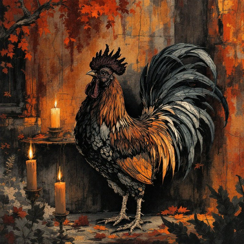 Regal detailed rooster standing beside lit candles in a warm autumnal rustic scene