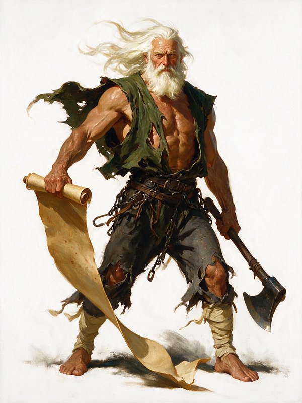 Muscular windswept white-haired elderly bearded man holding a scroll and axe in tattered clothing