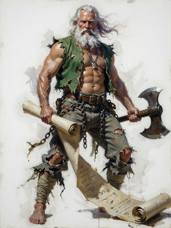 Muscular elderly white-haired warrior holds a battle axe and unrolled parchment scroll against a plain painterly background