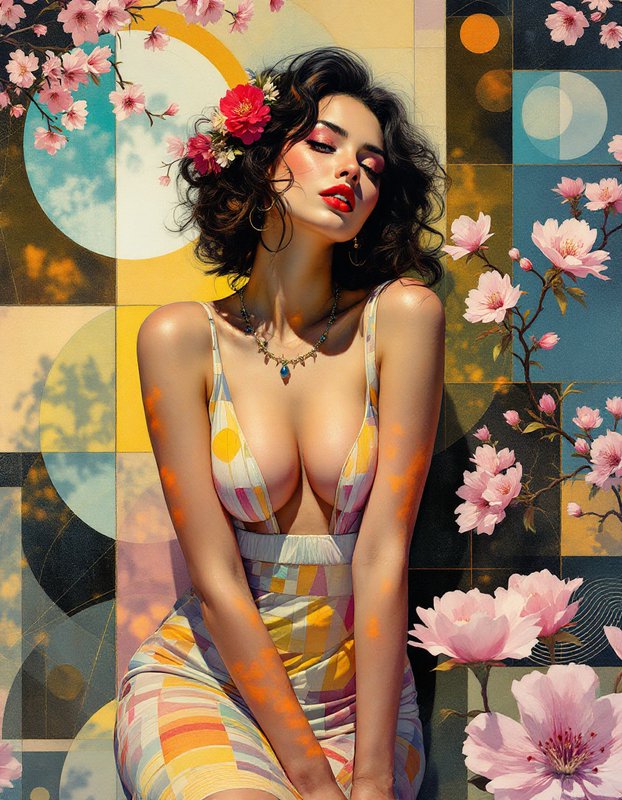 Stylized portrait of a woman with flowers tucked in her hair, framed by cherry blossoms against a geometric abstract