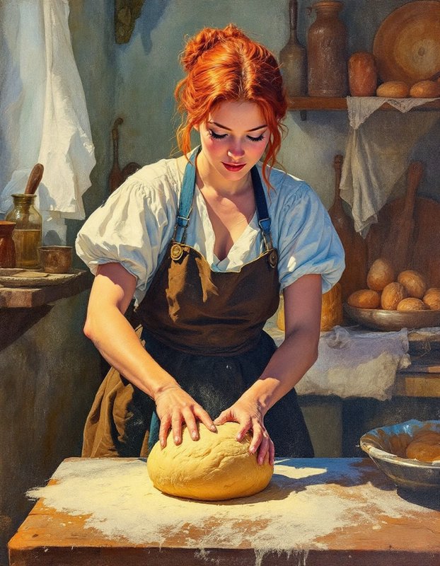 Young red haired baker kneading fresh bread dough on a floured wooden worktable