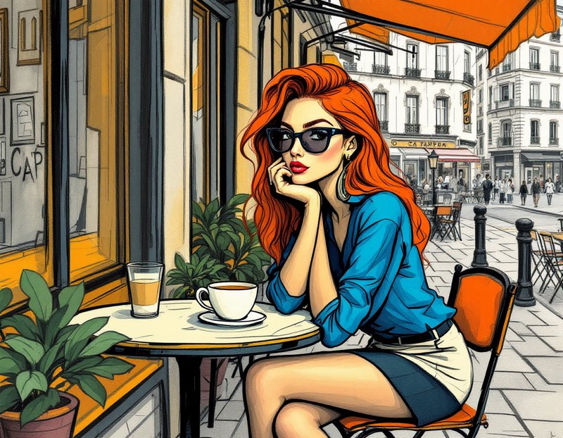 Stylish red-haired woman in sunglasses sits at a Parisian sidewalk cafe with coffee on her table