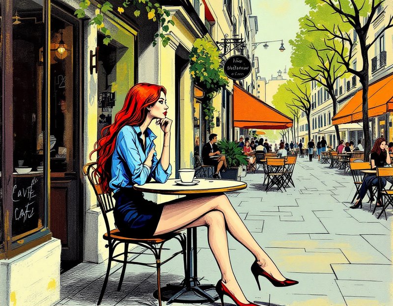 Stylish red-haired woman sits alone at an outdoor Parisian cafe table on a sunny city sidewalk