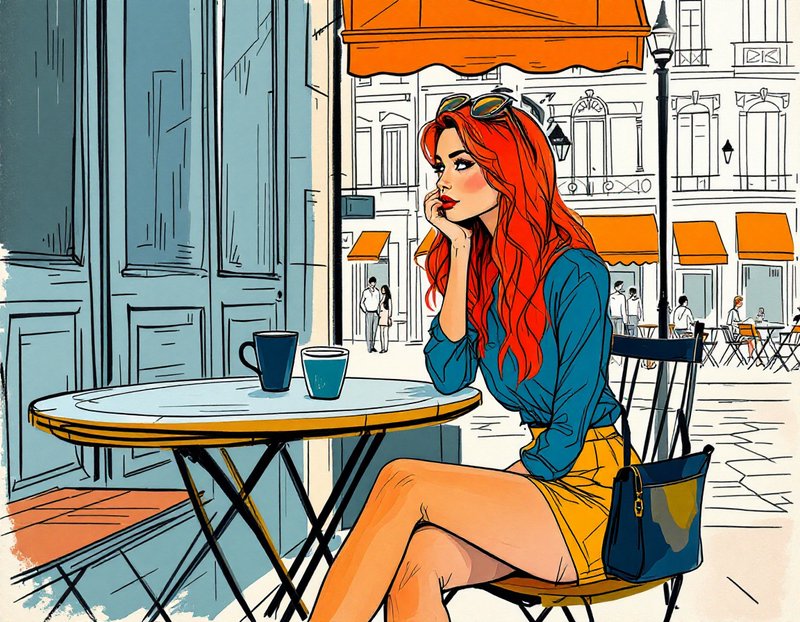 Red haired woman sits thoughtfully at a Parisian sidewalk cafe table with coffee drinks
