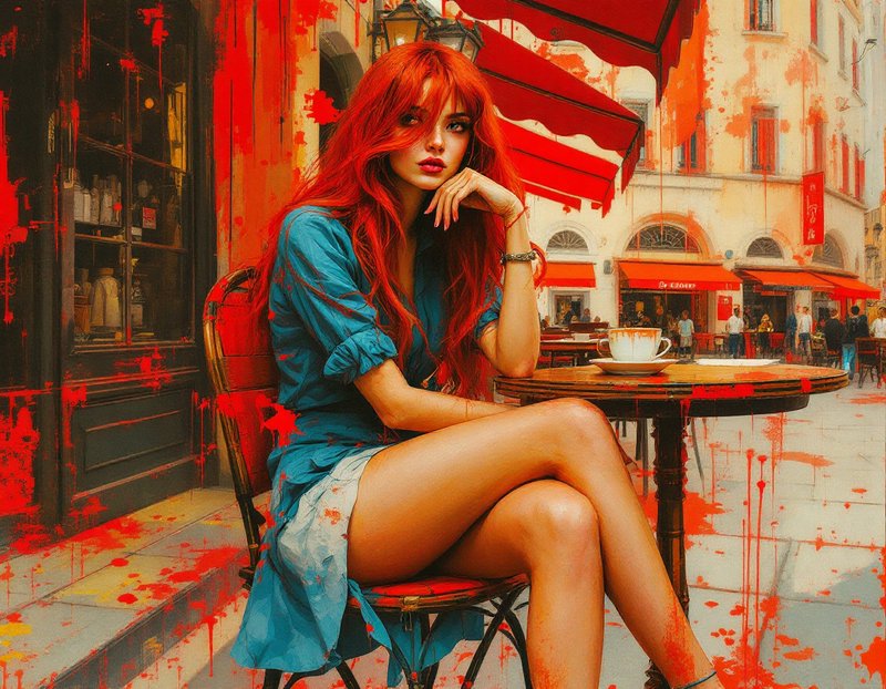 Woman with long bright red hair sits at an outdoor European cafe table with a coffee cup