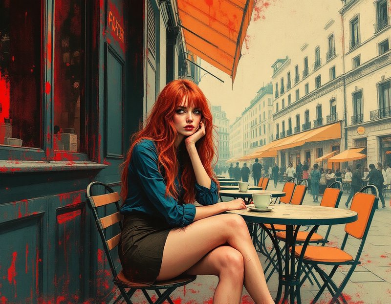 Pensive red-haired woman sits at an outdoor Parisian sidewalk cafe table