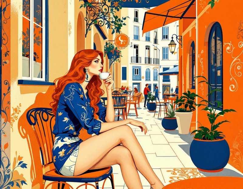 Stylish red-haired woman sips coffee while seated at a sunny European sidewalk cafe