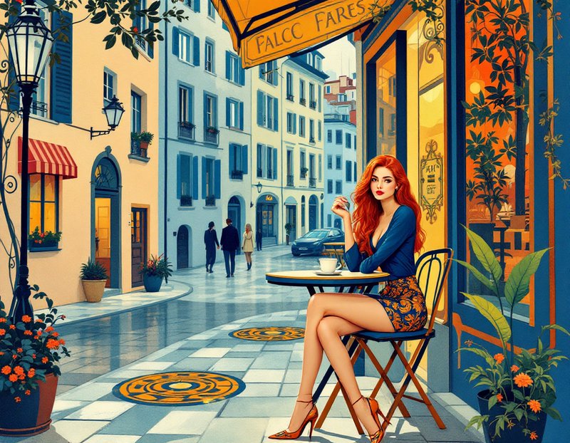 Elegant red-haired woman seated at an outdoor sidewalk cafe on a sunlit European city street
