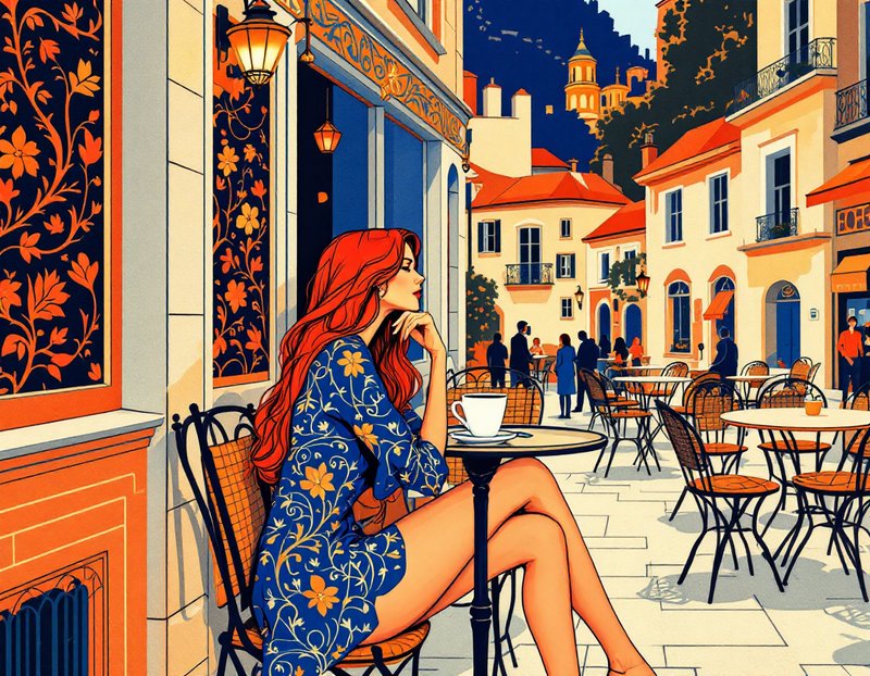 Red-haired woman sits alone at a sunlit European sidewalk cafe with a coffee cup
