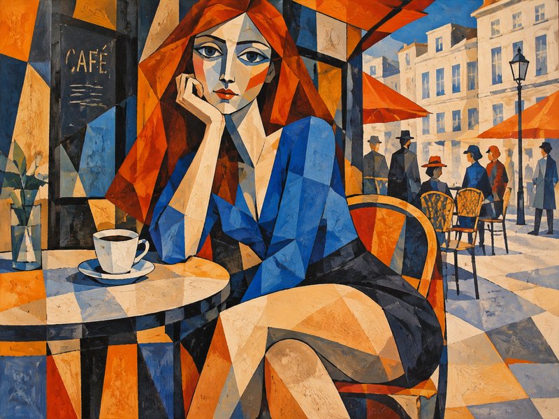 Cubist painting of a pensive red-haired woman seated at an outdoor Parisian sidewalk cafe with a coffee cup