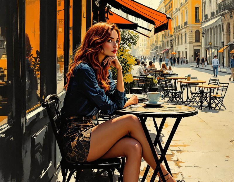 Red haired woman resting her chin on her hand at a sunny Parisian sidewalk cafe table