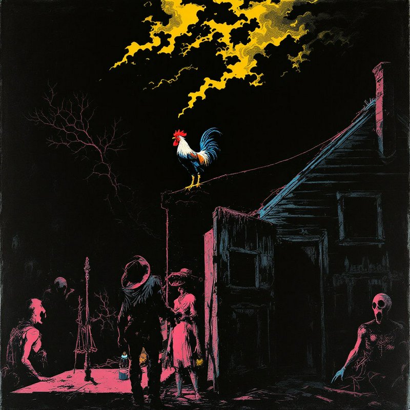 Eerie folk horror illustration of a rooster perched on a cabin roof beside unsettling figures under glowing storm clouds