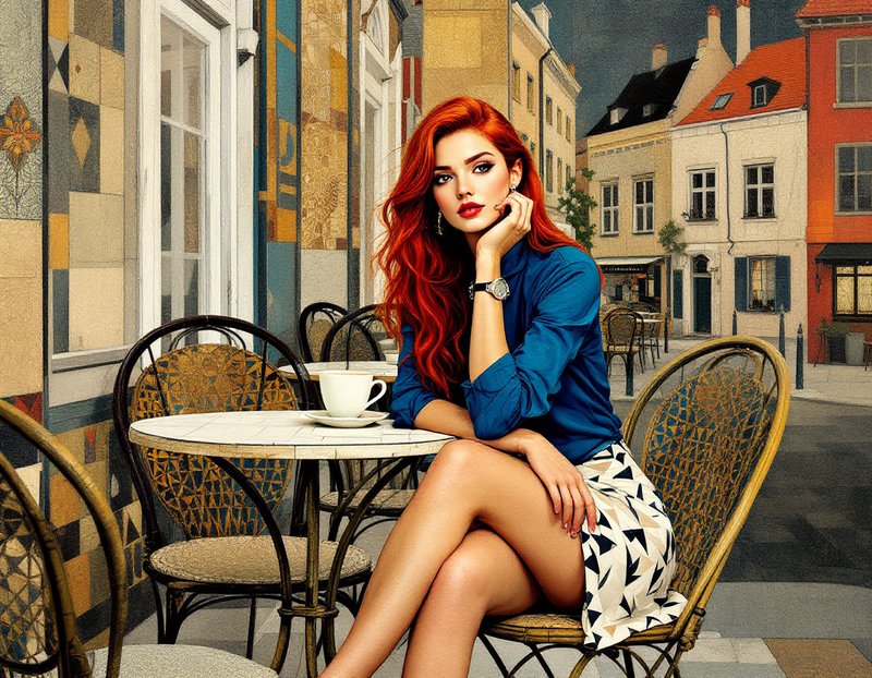 Elegant red-haired woman sits at a vintage outdoor sidewalk cafe table with a coffee cup