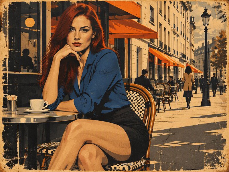 Elegant red-haired woman sitting at a sunlit Parisian sidewalk cafe with a coffee cup