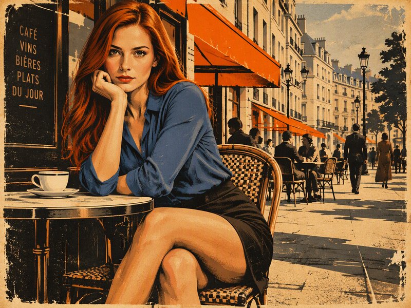 Red-haired woman sits at a Parisian sidewalk cafe table with a coffee cup, vintage illustrated street scene