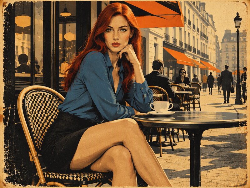 Elegant red-haired woman seated at a sunlit Parisian sidewalk cafe table