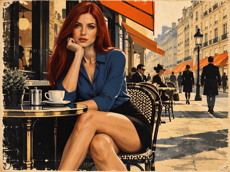 Red haired woman sits at a Parisian sidewalk cafe table with a coffee cup