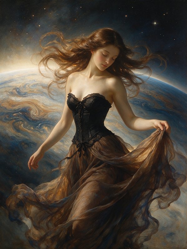 Ethereal goddess with flowing wind-blown hair floats above a swirling planet under a starry night sky