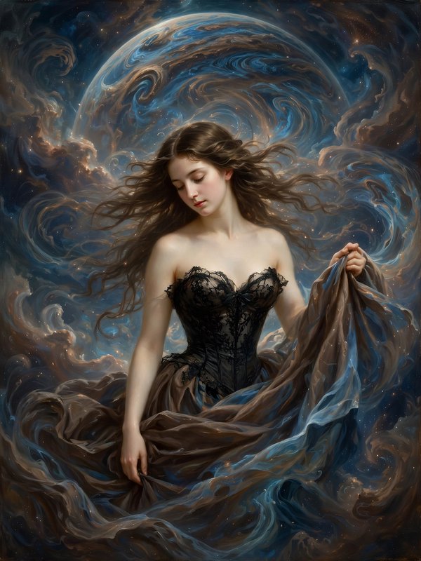 Ethereal young woman with windblown hair floats before a swirling cosmic planet and starry nebula