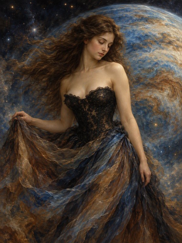 Ethereal woman in a lace corset gown stands before a swirling gas giant and starry cosmic backdrop