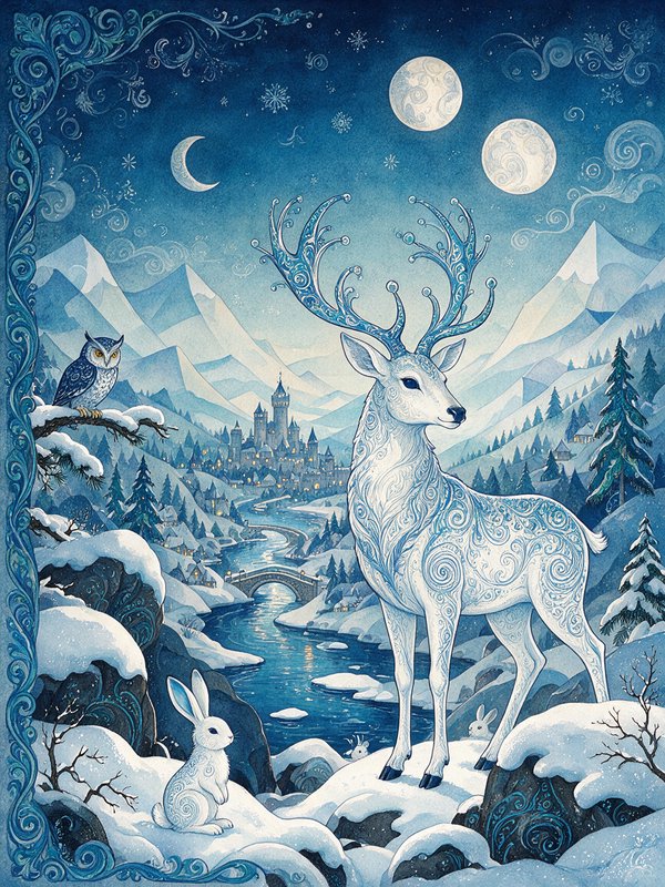 Intricate patterned magical white stag stands in a snowy fantasy winter landscape with moons, castle and woodland animals