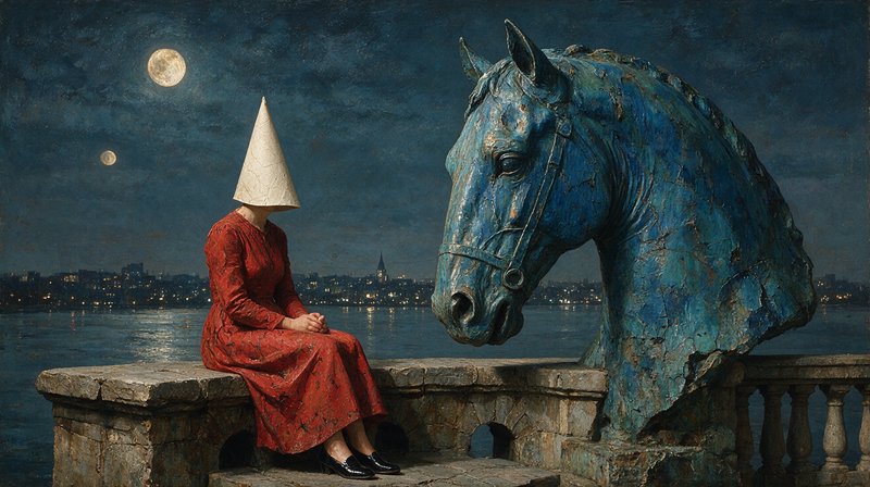Faceless woman in red dress with cone head sits beside a large blue horse sculpture on a moonlit waterfront terrace