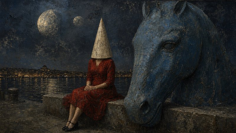 Surreal painting of a cone-headed woman in red dress sitting beside a giant blue horse head on a moonlit pier