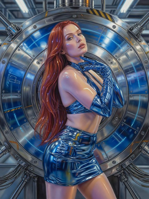 Red-haired woman in shiny blue futuristic outfit poses in front of a large circular sci-fi airlock