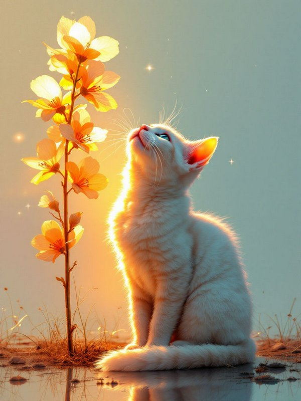 Fluffy white kitten sits beside a tall glowing golden flower, gazing up in warm sunset light