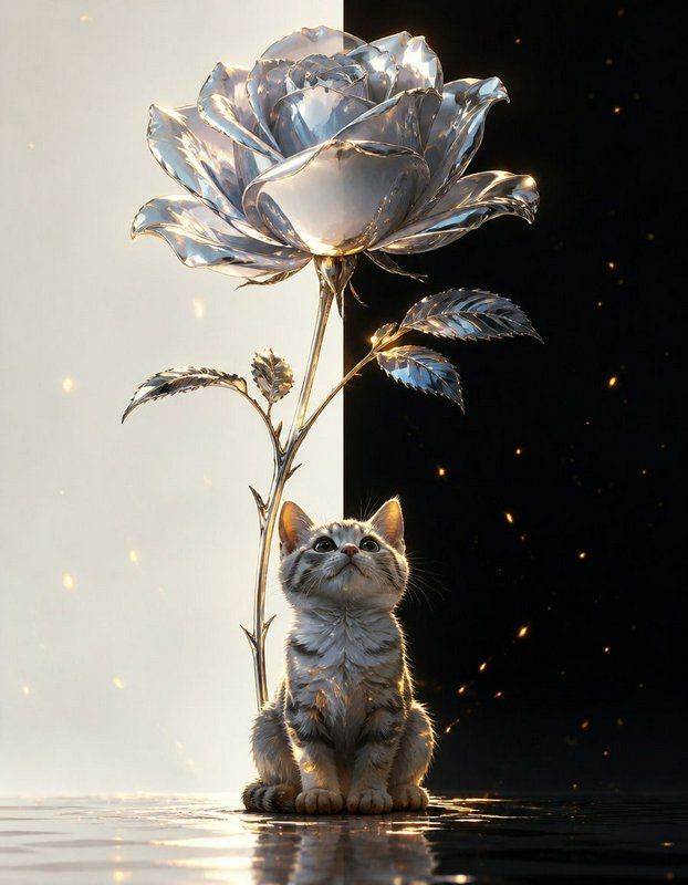 Fluffy tabby kitten sits gazing upward beneath a large polished silver rose on a split light and dark backdrop