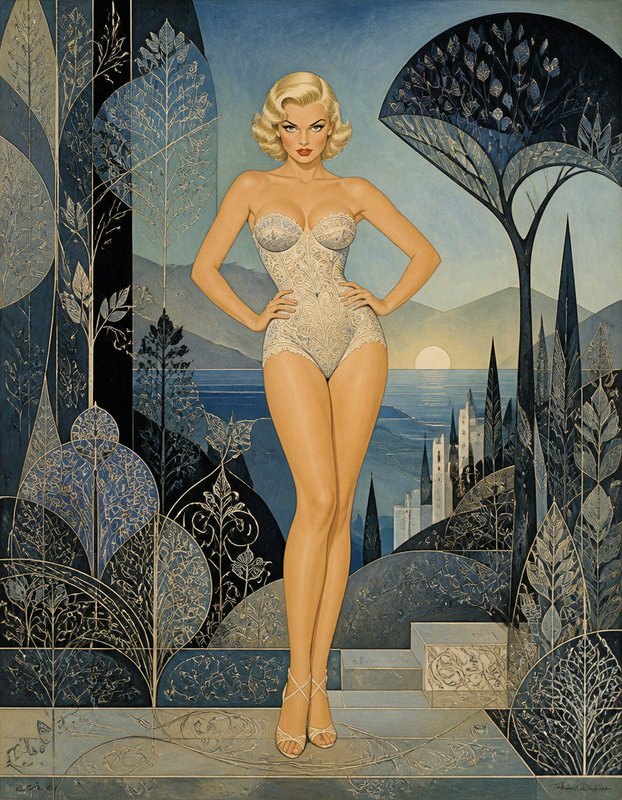 Art deco illustration of a blonde retro pinup in lace lingerie standing against a stylized ornamental landscape