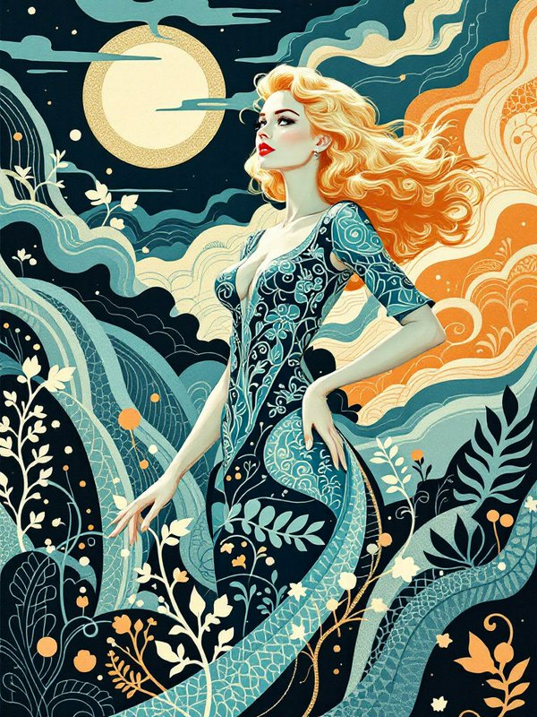 Glamorous blonde woman in an ornate gown stands beneath a glowing full moon in a stylized art nouveau illustration