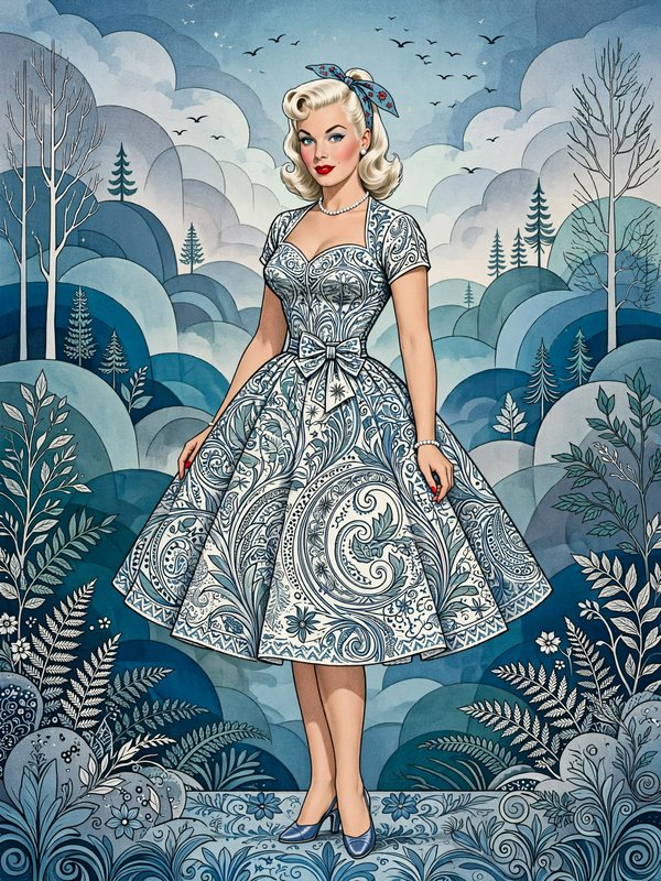 Retro 1950s blonde woman in an ornate blue and white dress stands against a stylized folk art landscape