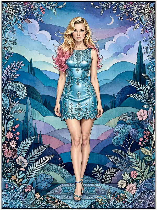 Illustration of a blonde woman with pink-tipped hair in an ornate blue dress standing in a whimsical fantasy landscape