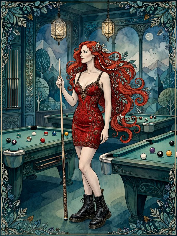 Graceful woman with long curly red hair holds a pool cue standing between billiards tables in an ornate fantasy game room