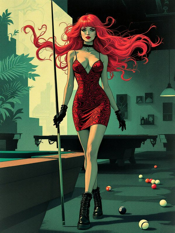 Stylish woman with flowing bright red hair holds a pool cue next to a billiards table