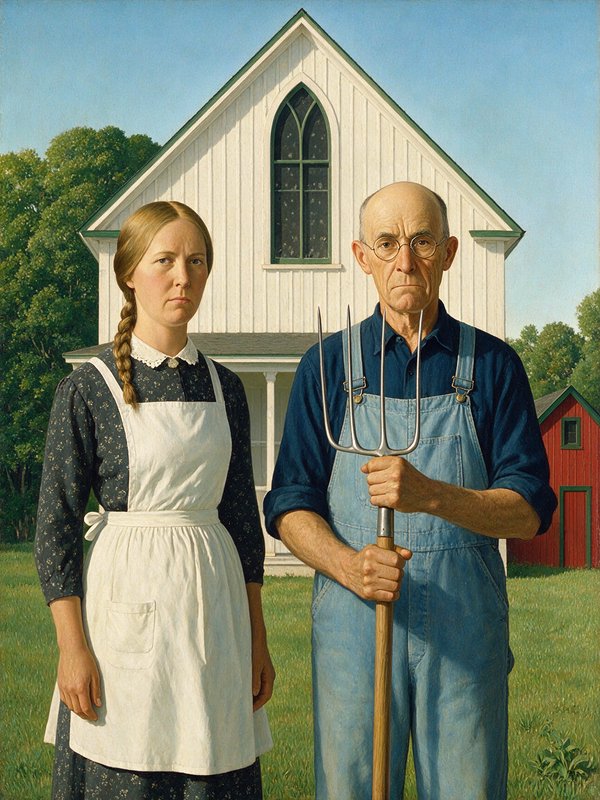 Grant Wood's iconic American Gothic painting shows a stern farm couple with a pitchfork standing before their home