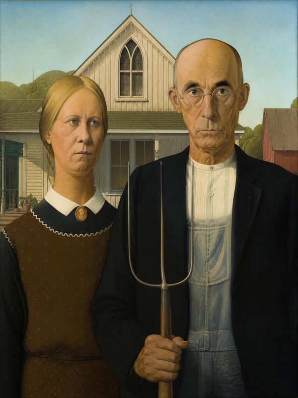 Grant Wood's iconic American Gothic painting of a stern rural couple, the man holding a pitchfork, standing before their
