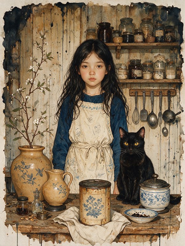 Young girl in a linen apron stands behind a rustic kitchen table beside a sitting black cat