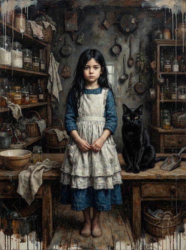 Solemn barefoot girl stands beside a yellow-eyed black cat in a cluttered vintage cottage kitchen