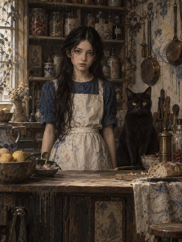 Solemn young girl in a vintage apron stands beside a black cat behind a worn rustic kitchen counter