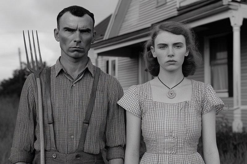 Reimagined American Gothic portrait of a stern farm couple standing outside their rural home, the man holding a pitchfork.