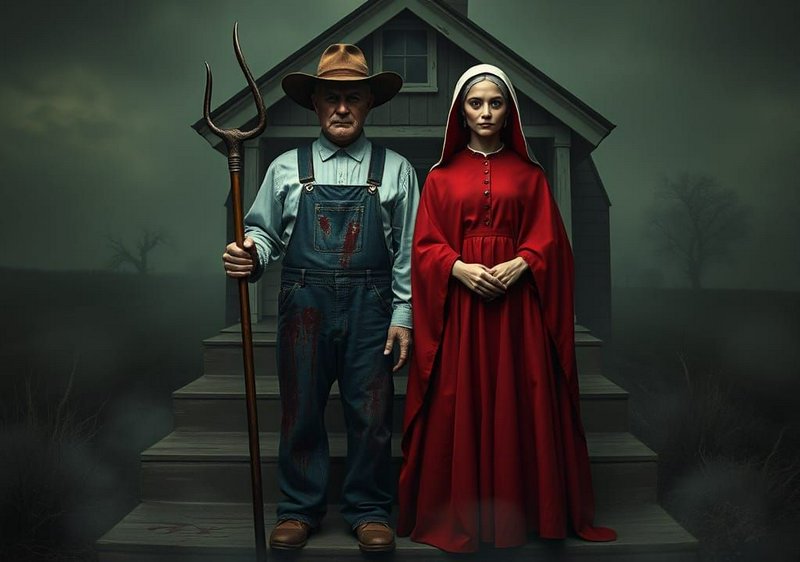 Eerie gothic reimagining of American Gothic couple standing on foggy farmhouse steps