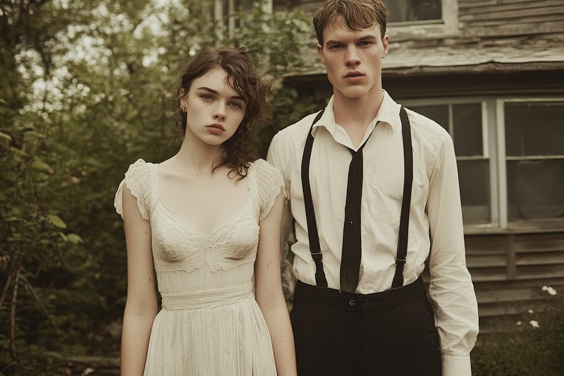 Solemn young couple in vintage clothing standing outside an old weathered rural farmhouse