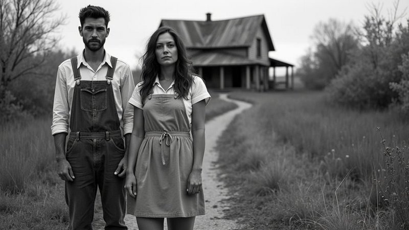 Stoic farming couple in workwear stand on a dirt path before an old rural farmhouse in black and white