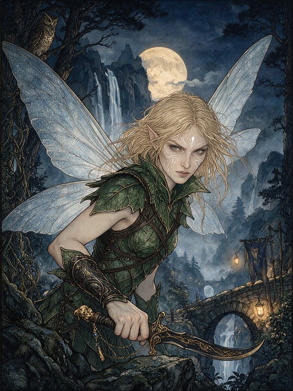 Fierce winged faerie warrior holds an ornate dagger in a moonlit enchanted forest