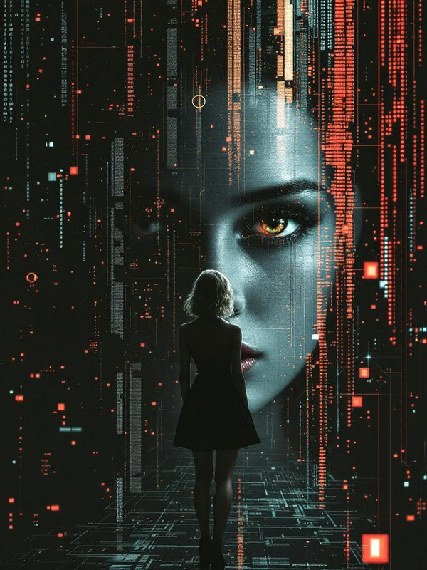 Silhouetted woman stands facing a giant glowing AI face surrounded by cascading digital code.